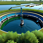 **

> A modern aquaculture farm with sensors monitoring water quality in real-time. Show healthy fish thriving in clean water, alongside automated systems adjusting parameters. Include a depiction of sustainable feed sources and a control center using AI for analysis.

**