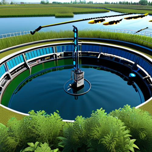 Home 11 **
> A modern aquaculture farm with sensors monitoring water quality in real-time. Show healthy fish thriving in clean water, alongside automated systems adjusting parameters. Include a depiction of sustainable feed sources and a control center using AI for analysis.
**