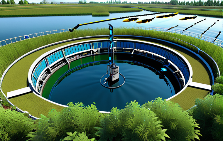 **
> A modern aquaculture farm with sensors monitoring water quality in real-time. Show healthy fish thriving in clean water, alongside automated systems adjusting parameters. Include a depiction of sustainable feed sources and a control center using AI for analysis.
**
