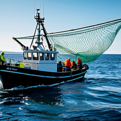 Home 4 어업 기술 혁신 사례 - Intelligent Fishing Net**
"A modern fishing trawler at sea, deploying an intelligent fishing net wi...