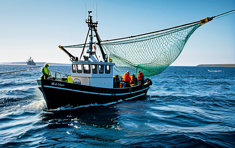 어업 기술 혁신 사례 - Intelligent Fishing Net**

"A modern fishing trawler at sea, deploying an intelligent fishing net wi...