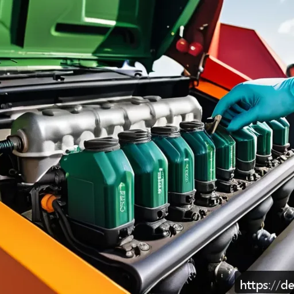 농기계 유지보수 방법 - A detailed close-up of a modern agricultural tractor engine compartment being maintained outdoors on...