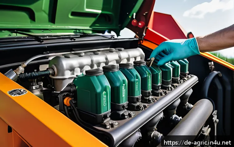 농기계 유지보수 방법 - A detailed close-up of a modern agricultural tractor engine compartment being maintained outdoors on...