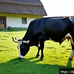 Home 18 가축 사료 종류 및 성분 - A detailed, realistic farm scene showing a healthy dairy cow grazing on lush green grass in a German...