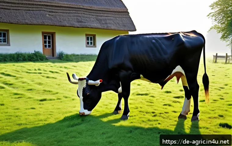 가축 사료 종류 및 성분 - A detailed, realistic farm scene showing a healthy dairy cow grazing on lush green grass in a German...