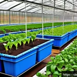 Home 23 작물별 재배 달력 - A vibrant greenhouse interior scene in early spring, showcasing healthy tomato, pepper, and eggplant...