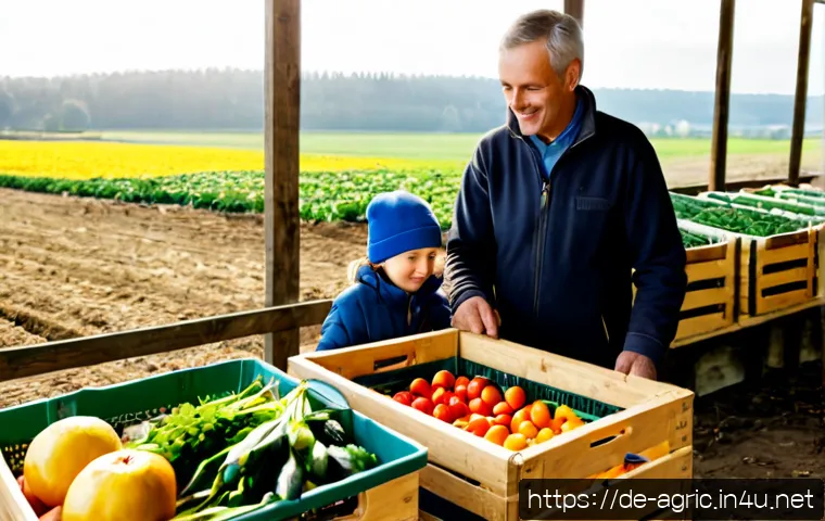 농업 마케팅 전략 - Photorealistic German family farm marketing scene, friendly middle-aged farmer arranging fresh seaso...