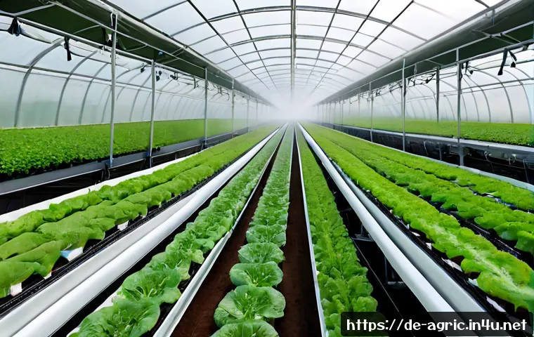 스마트팜 자동화 시스템 - Photorealistic wide interior of a modern German smart greenhouse, orderly rows of butterhead lettuce...